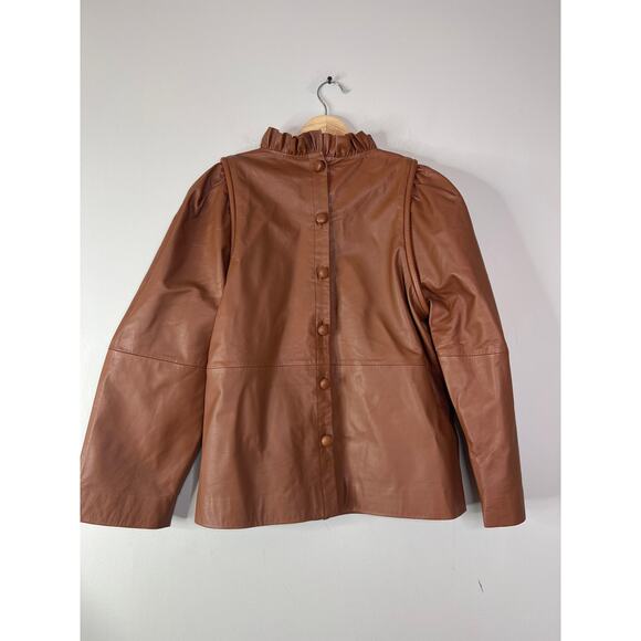NEW Sea New York Lora Leather Back Buttoned Ruffled Neck Top Caramel Brown - Picture 5 of 7